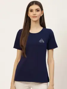 BRINNS Women Navy Blue Embellished Pure Cotton T-shirt