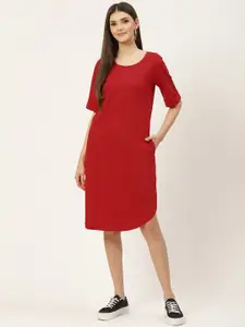 BRINNS Red Solid Pure Cotton A-Line Midi Dress