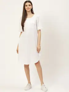 BRINNS White Solid Pure Cotton A-Line Midi Dress