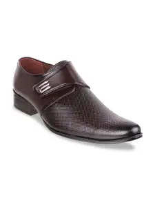 Mochi Men Maroon Textured Leather Formal Monk Shoes