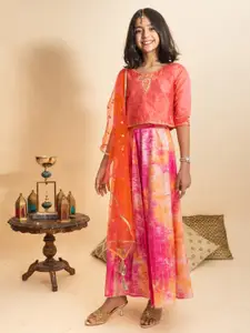BANI KIDS Girls Pink & Orange Embroidered Sequinned Ready to Wear Lehenga & Blouse With Dupatta