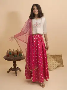 BANI KIDS Girls Pink & Off White Embroidered Sequinned Ready to Wear Lehenga & Blouse With Dupatta