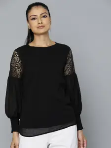 Flying Machine Lace Inserted Puff Sleeves Top