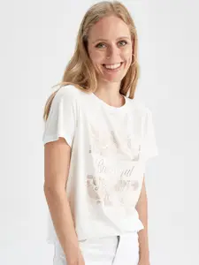 DeFacto Women White Typography Printed T-shirt