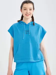 DeFacto Women Blue Pure Cotton Hooded Sweatshirt