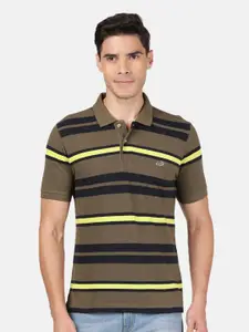 Crocodile Men Olive Green Striped Polo Collar Slim Fit T-shirt