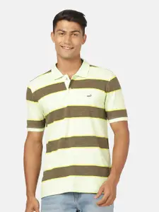 Crocodile Men Green Striped Polo Collar Slim Fit T-shirt