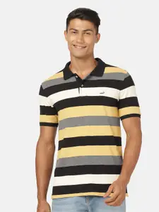 Crocodile Men Black Striped Polo Collar Applique Slim Fit T-shirt