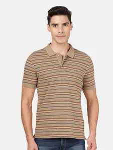 Crocodile Men Brown Striped Polo Collar Slim Fit T-shirt