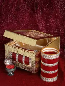 PANASH Set of 80 Gold-Plated Maroon CZ Stone-Studded Wedding Chuda Set