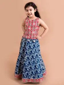 pspeaches Girls Blue & Red Printed Ready to Wear Lehenga &