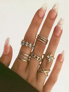 Shining Diva Fashion Set Of 8 Gold-Plated White Crystal-Studded Finger Ring