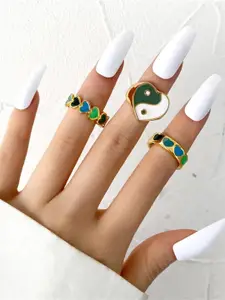 Shining Diva Fashion Set Of 3 Gold-Plated Enamelled Finger Ring