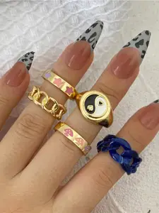Shining Diva Fashion Set Of 5 Gold-Plated Enamelled Finger Ring