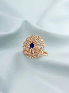 aadita Rose Gold-Plated White & Blue Stone-Studded Finger Ring