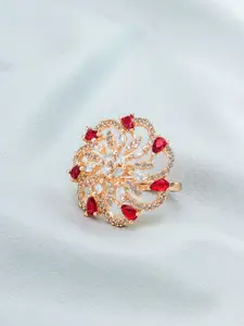 aadita Rose Gold-Plated White & Red Stones-Studded & Beaded Finger Ring