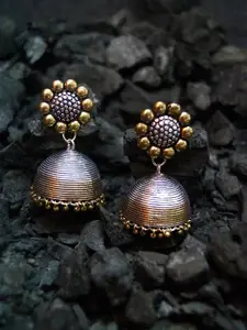 Rubans Oxidised Antique Silver & Gold Toned Flower Detailed Dome Shaped Jhumka Earrings