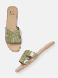 Carlton London Women Green Croc Textured Open Toe Flats