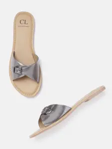 Carlton London Women Gunmetal-Toned Open Toe Flats with Buckle Detail