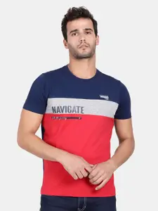 t-base Men Blue Colourblocked Applique T-shirt