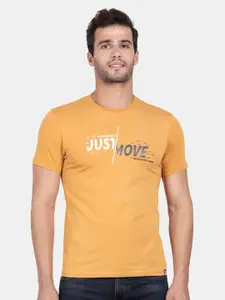 t-base Men Yellow & mellow apricot Typography Printed Raw Edge T-shirt