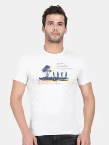 t-base Men White Typography Printed Applique T-shirt