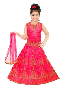 MRM CREATION Girls Pink & Gold-Toned Ready to Wear Lehenga & Blouse With Dupatta