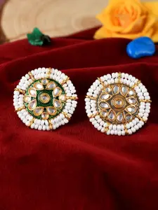 Silvermerc Designs Set Of 2 Gold-Plated Green & White Kundan-Studded & Pearl-Beaded Finger Ring