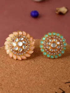 Silvermerc Designs Set Of 2 Gold-Plated Peach-Colored & Green Kundan-Studded Meenakari Finger Rings