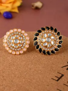 Silvermerc Designs Set Of 2 Gold-Plated White & Black Kundan-Studded Meenakari Finger Ring