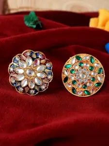 Silvermerc Designs Set Of 2 Gold-Plated & Kundan-Studded Meenakari Finger Rings