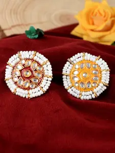 Silvermerc Designs Set Of 2 Gold-Plated White Kundan-Studded & Pearl Meenakari Finger Ring