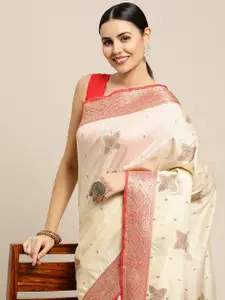 elora Cream-Coloured & Black Ethnic Motifs Silk Blend Banarasi Saree