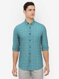 Peter England Men Turquoise Blue Grid Tattersall Checks Slim Fit Pure Cotton Casual Shirt