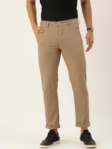 Peter England Men Khaki Textured Slim Fit Trousers