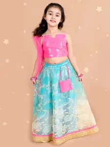 pspeaches Girls Blue & Pink Ready to Wear Lehenga & Blouse With Dupatta