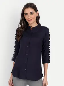 Fab Star Navy Blue Mandarin Collar Shirt Style Top