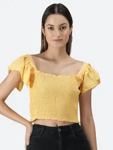 FALCO ROSSO Yellow & impala Smocked Crepe Crop Top