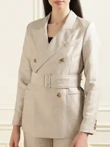 Ted Baker Women Cream-Colored Solid Double-Breasted Blazer with Belt