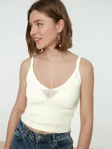 Trendyol Women Off White Knitted Detail Crop Top