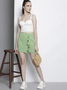 Trendyol Women Green Solid Ruffle Straight Skirt
