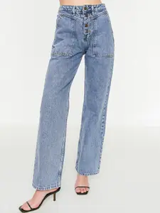 Trendyol Women Blue Pure Cotton Wide Leg High-Rise Light Fade Jeans