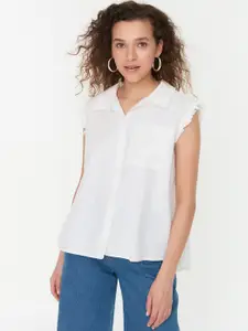 Trendyol Women Off White Solid High-Low Casual Shirt