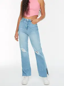 Trendyol Women Blue Pure Cotton Wide Leg High-Rise Slash Knee Light Fade Jeans
