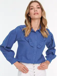Trendyol Women Blue Solid Casual Shirt with Ruffle Detail