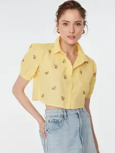 Trendyol Women Yellow Floral Embroidered Casual Shirt