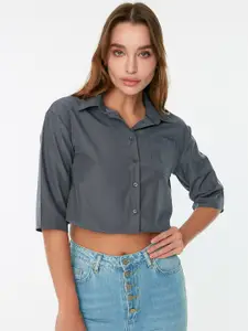 Trendyol Women Charcoal Grey Solid Crop Casual Shirt