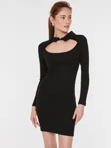 Trendyol Black Solid Ribbed Shirt Collar Cut Out Detail Bodycon Mini Knitted Dress