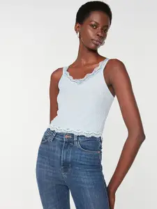 Trendyol Women Blue Solid Lace-Detail Top