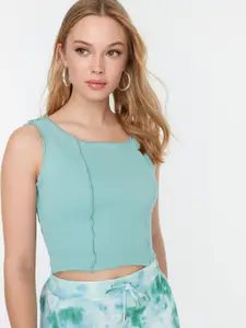 Trendyol Mint Green Self Striped Crop Fitted Top with Interlocking Detail